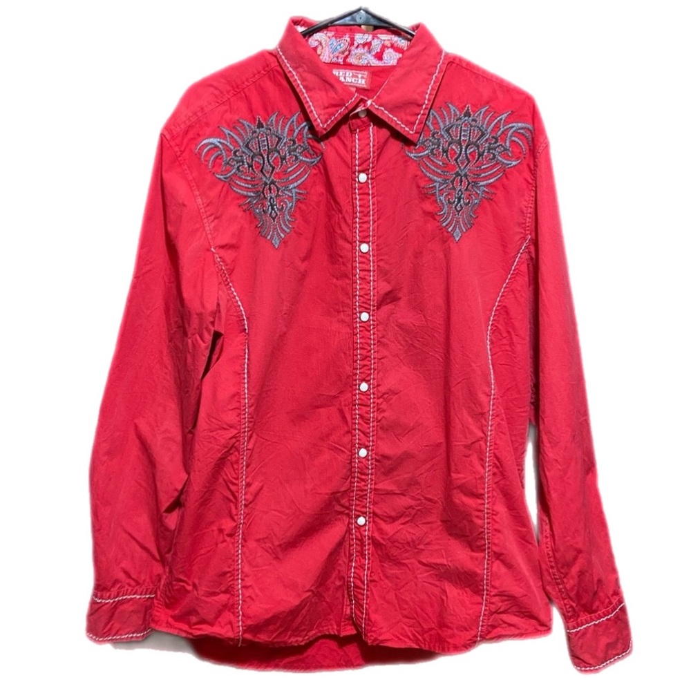 Red Ranch Western Shirt Embroidered Rodeo Bull Riding Snap Buttons Large Cowboy